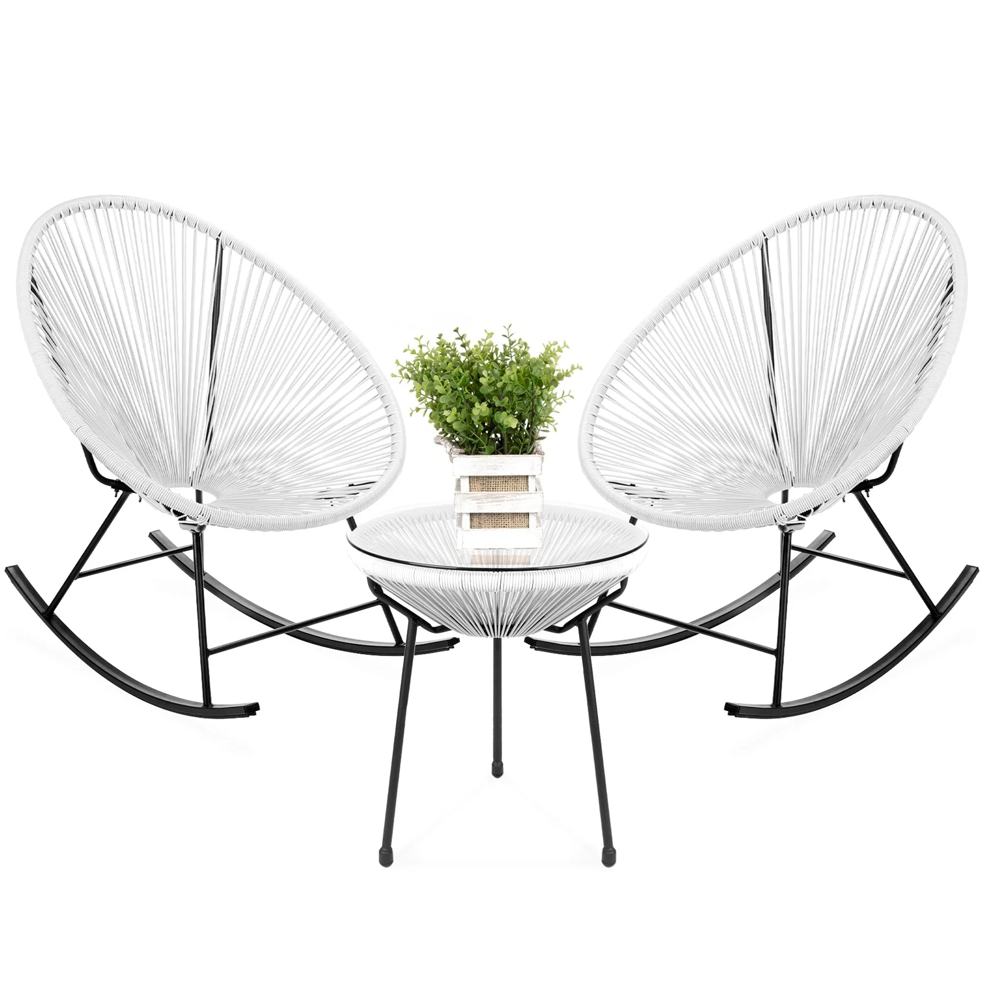 3-Piece Patio Woven Rope Acapulco Rocking Chair Bistro Set