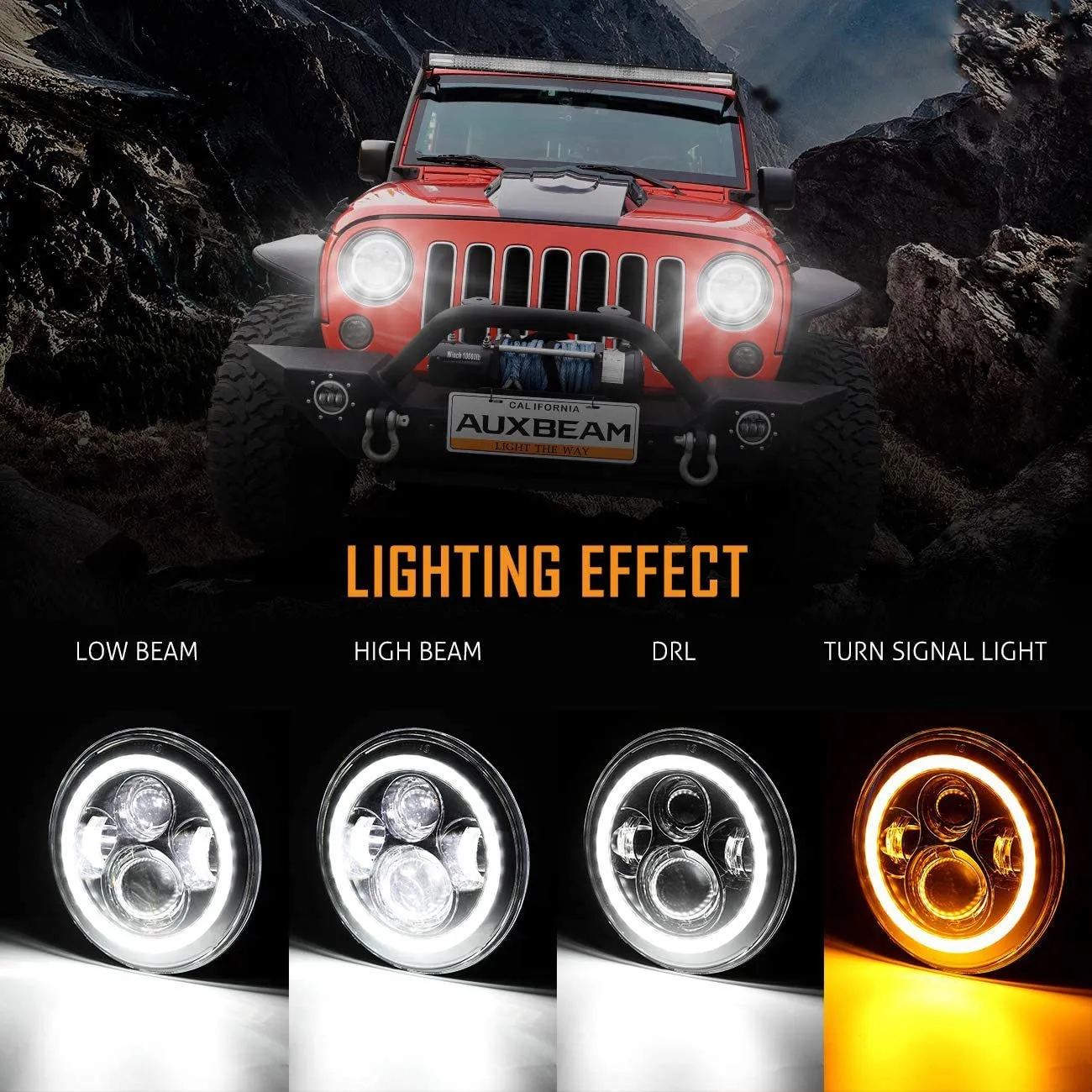 7'' LED Halo Headlights & 4'' 30W LED Fog Lights With White DRL with Amber Turn Signal For Jeep Wrangler2007-2018 JK