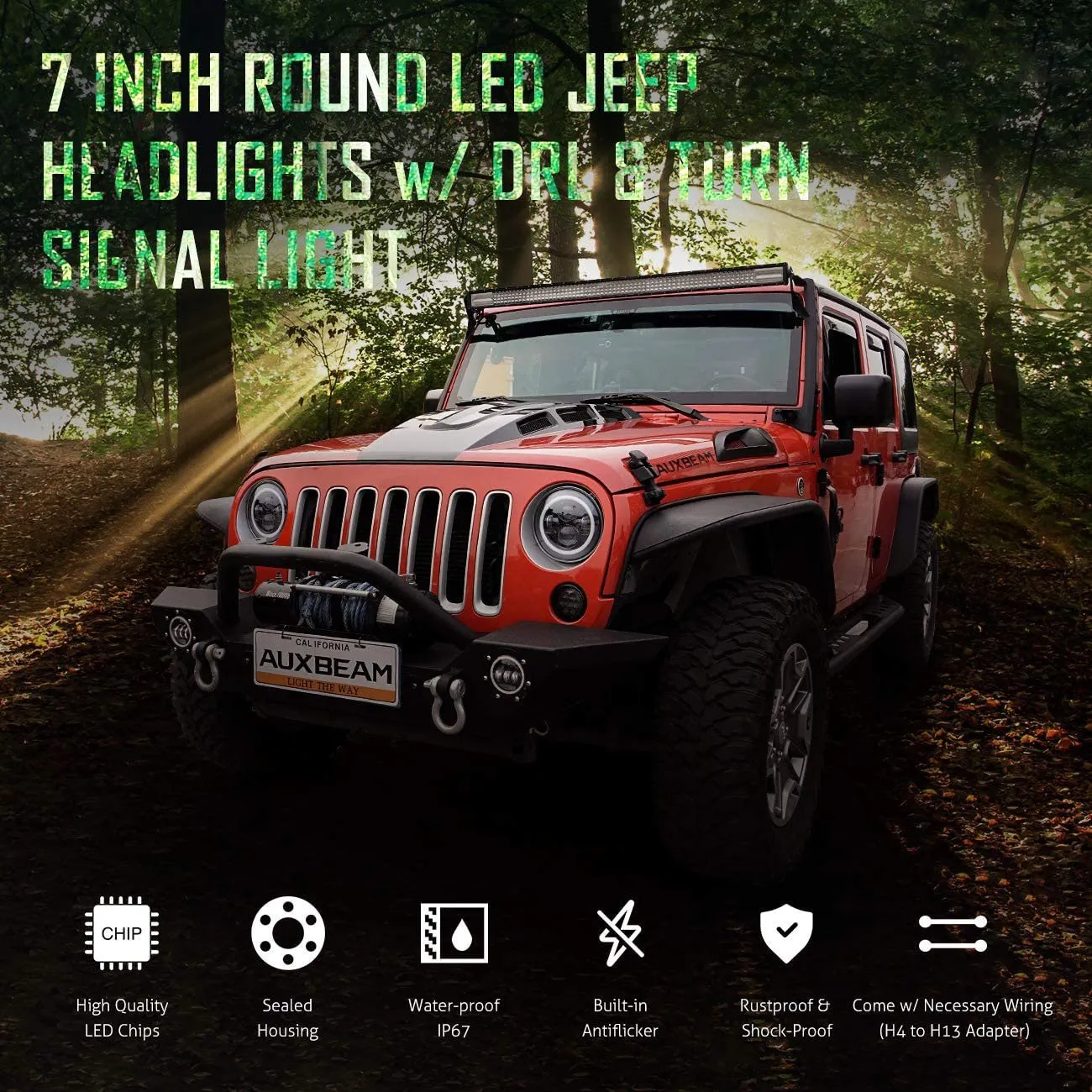 7'' LED Halo Headlights & 4'' 30W LED Fog Lights With White DRL with Amber Turn Signal For Jeep Wrangler2007-2018 JK