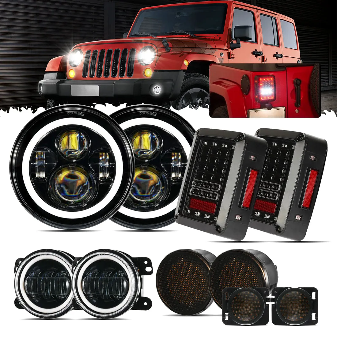 7'' LED Headlight Replacement with Halo Ring   4'' LED Fog Light   LED Smoke Tail Light   Front Turn Signal & Fender Flares Side Marker Light for Jeep Wrangler JK