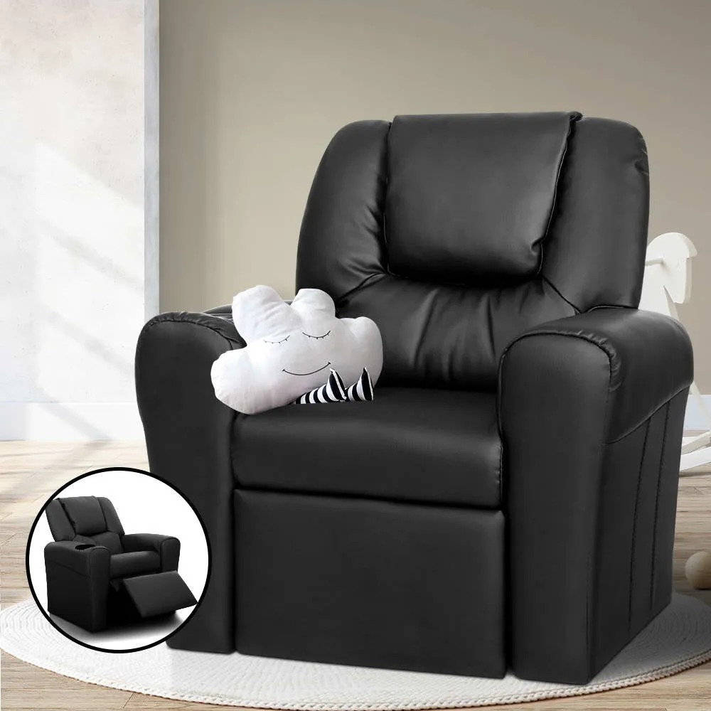 Black PU Leather Kids Recliner Chair Sofa with Cup Holder Keezi