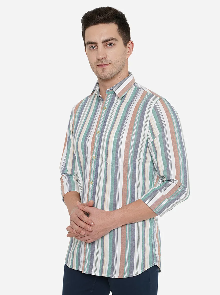 Blue & White Striped Slim Fit Semi Casual Shirt | JadeBlue