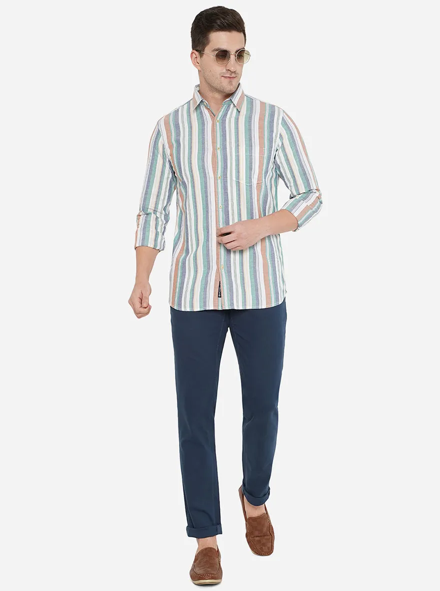 Blue & White Striped Slim Fit Semi Casual Shirt | JadeBlue