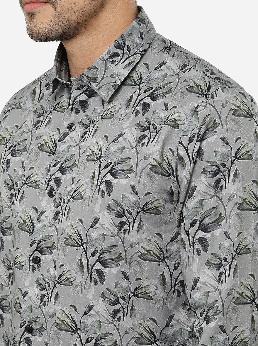 Dark Grey Printed Slim Fit Semi Casual Shirt | JadeBlue