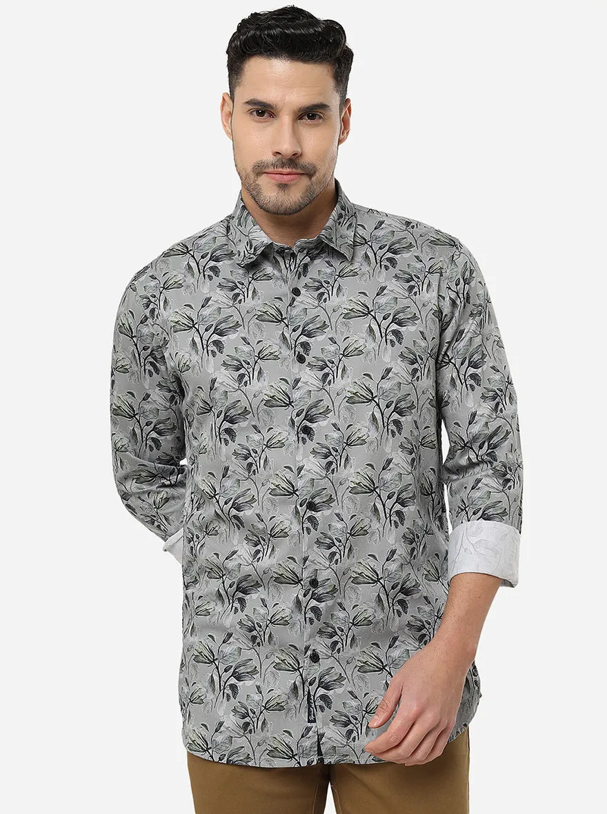 Dark Grey Printed Slim Fit Semi Casual Shirt | JadeBlue