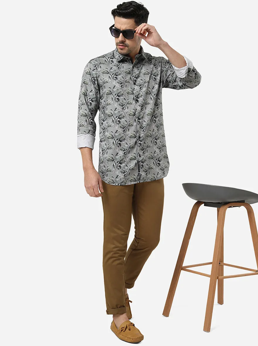 Dark Grey Printed Slim Fit Semi Casual Shirt | JadeBlue