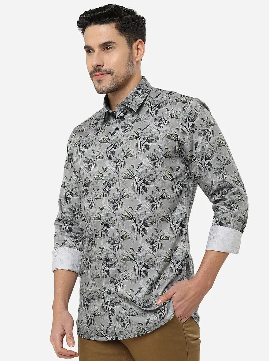 Dark Grey Printed Slim Fit Semi Casual Shirt | JadeBlue