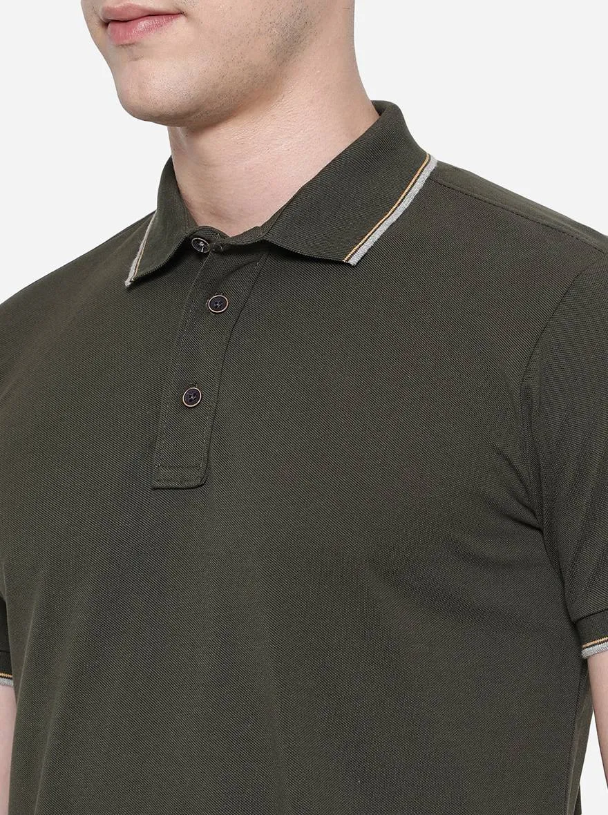 Dark Olive Solid Slim Fit Polo T-Shirt | JadeBlue