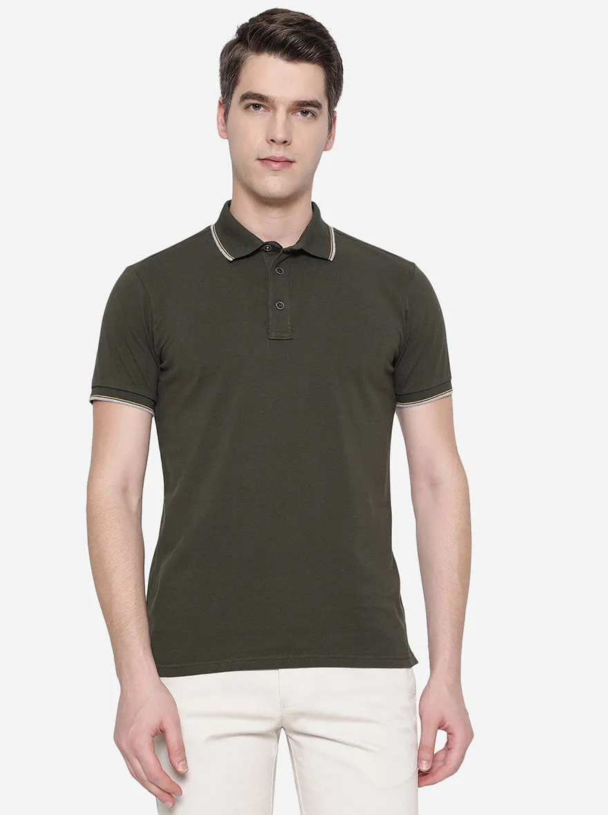 Dark Olive Solid Slim Fit Polo T-Shirt | JadeBlue