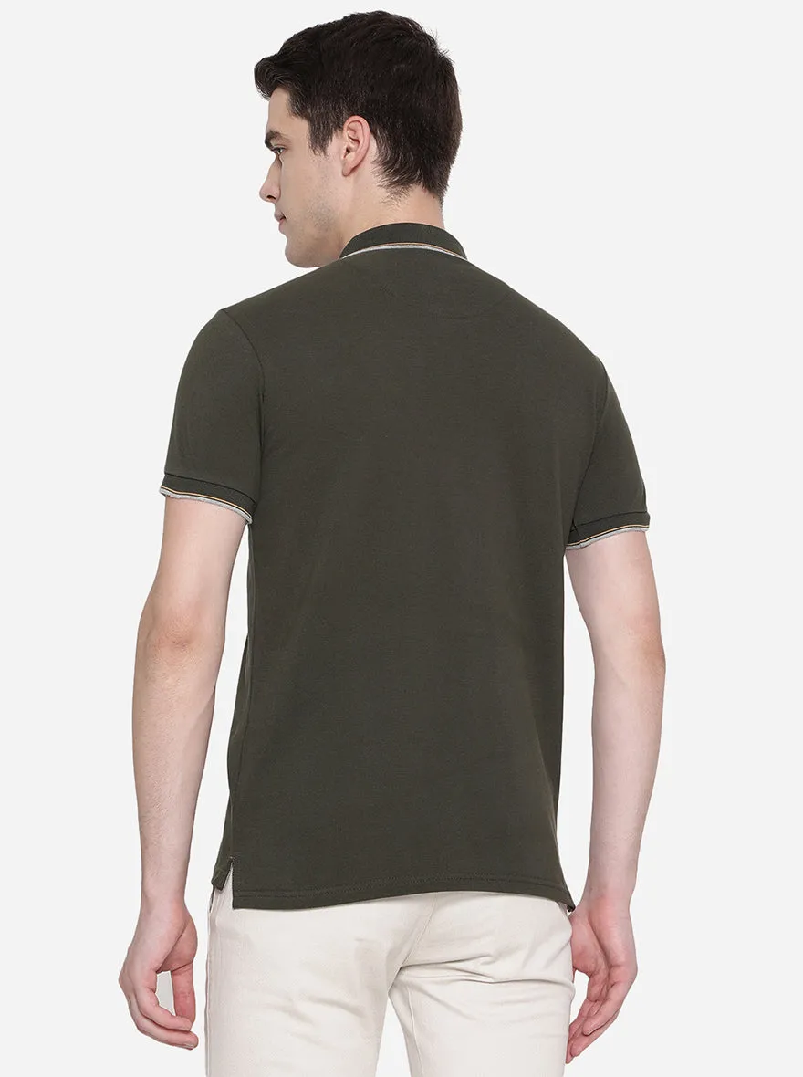 Dark Olive Solid Slim Fit Polo T-Shirt | JadeBlue