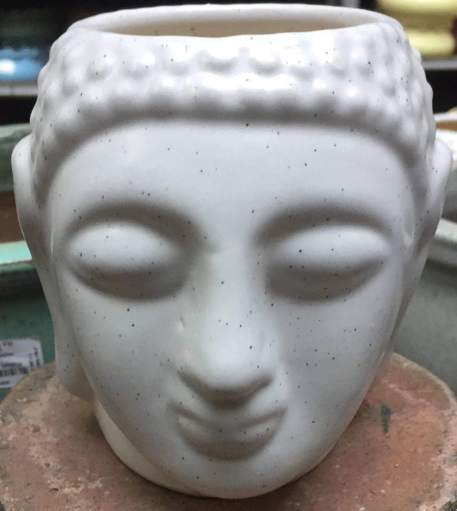 Elegant Buddha Face Ceramic Planter - Medium White with Black Dotted Design