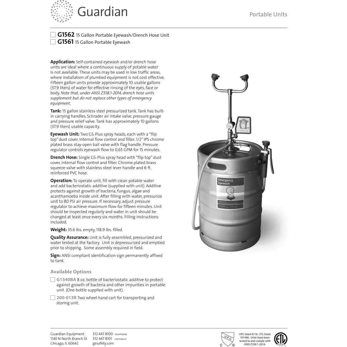 Guardian G1562DOL 15 Gal Portable Eye Wash/Drench Hose, with Dolly