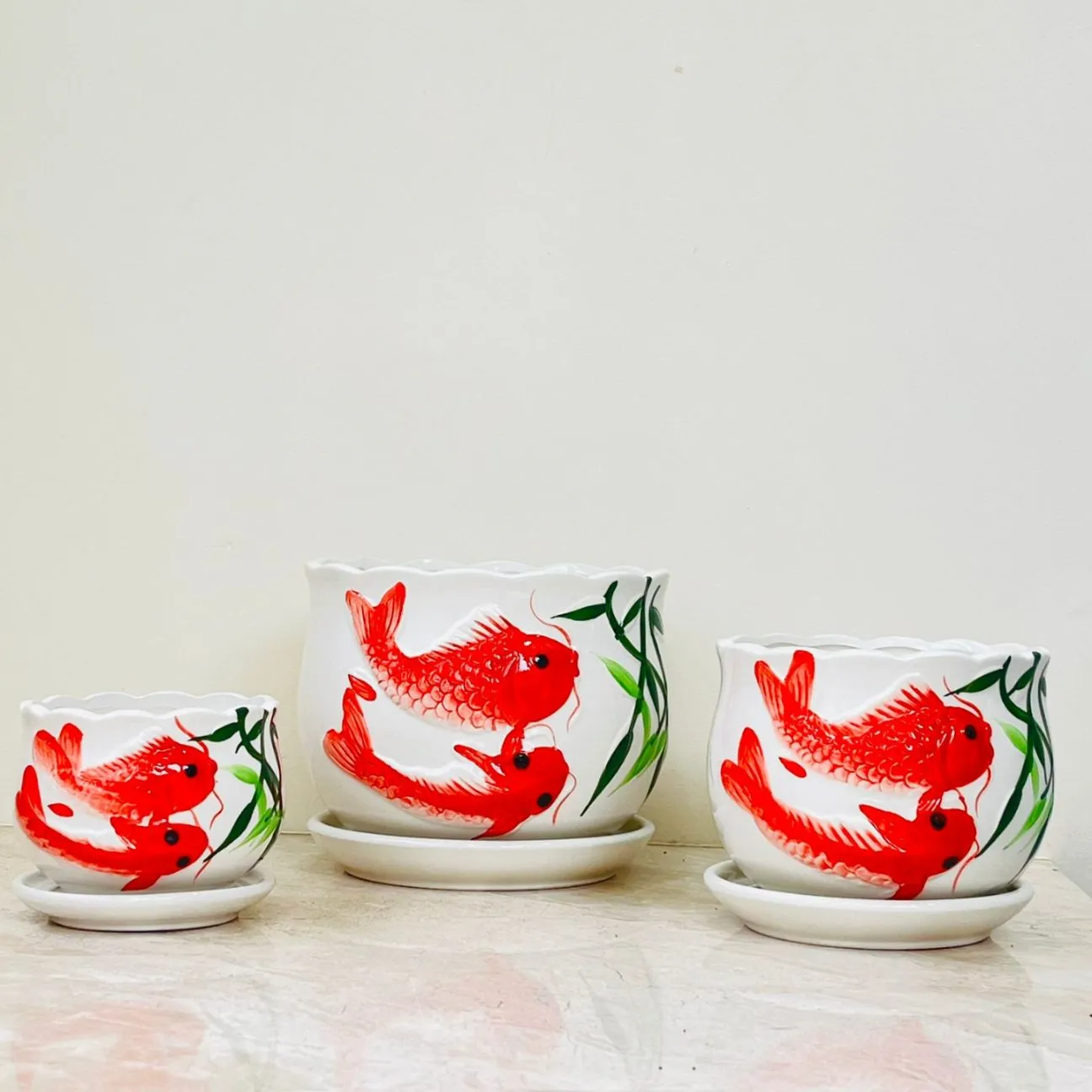 Koi Serenity Ceramic Pot Set Of 3 – Artistic Koi Fish Planters