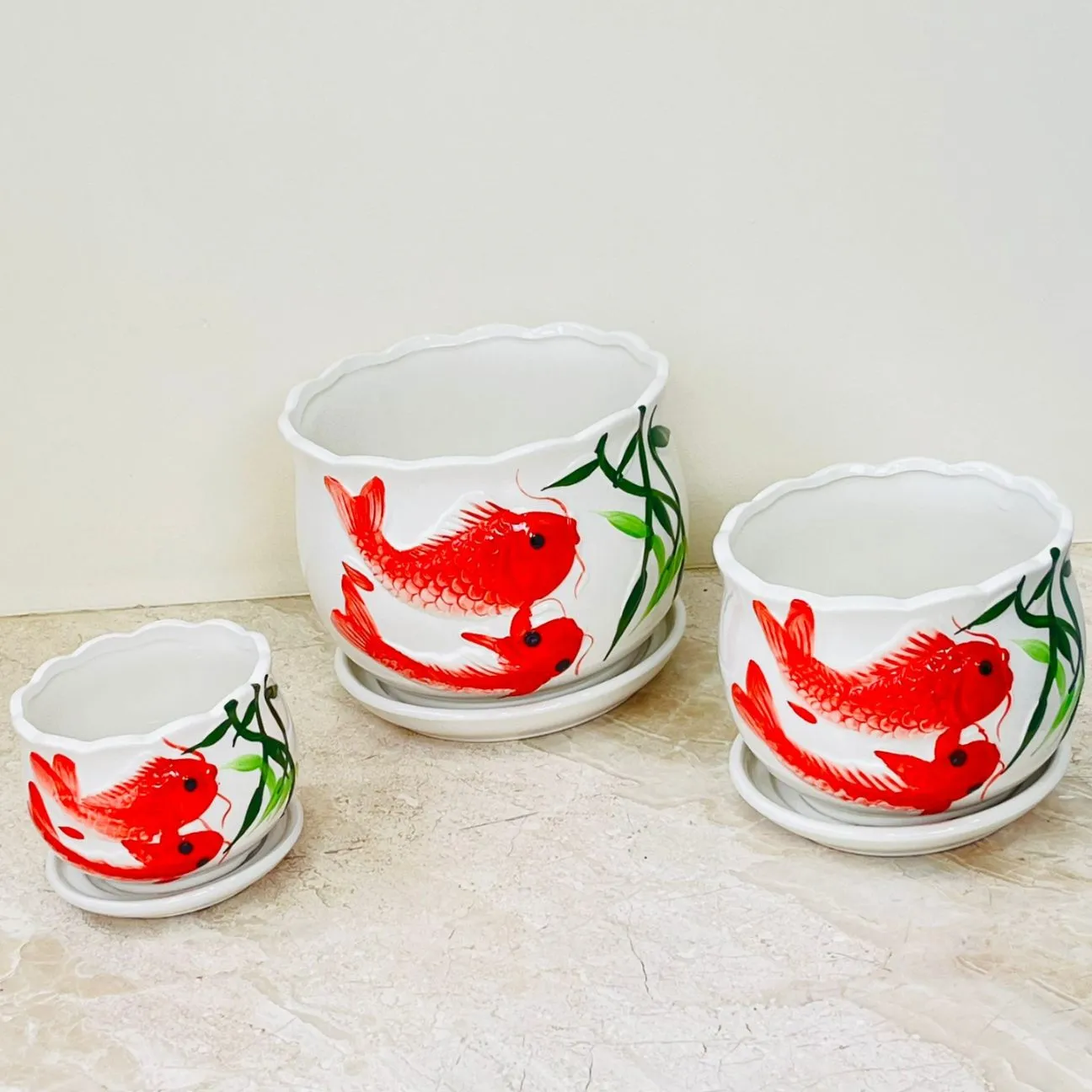 Koi Serenity Ceramic Pot Set Of 3 – Artistic Koi Fish Planters