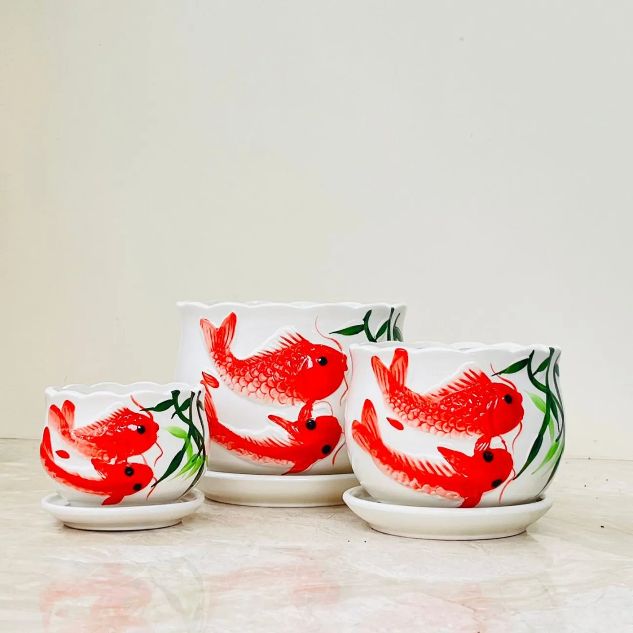 Koi Serenity Ceramic Pot Set Of 3 – Artistic Koi Fish Planters