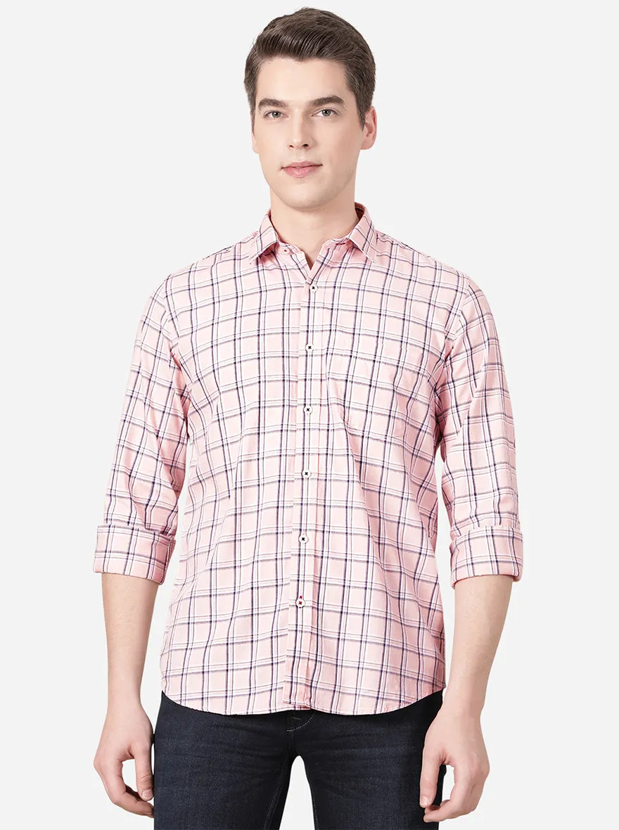 Light Pink Checked Slim Fit Casual Shirt | Greenfibre