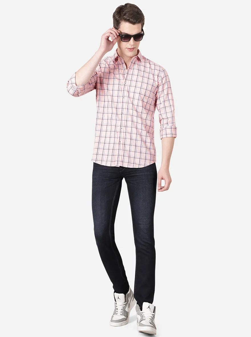 Light Pink Checked Slim Fit Casual Shirt | Greenfibre