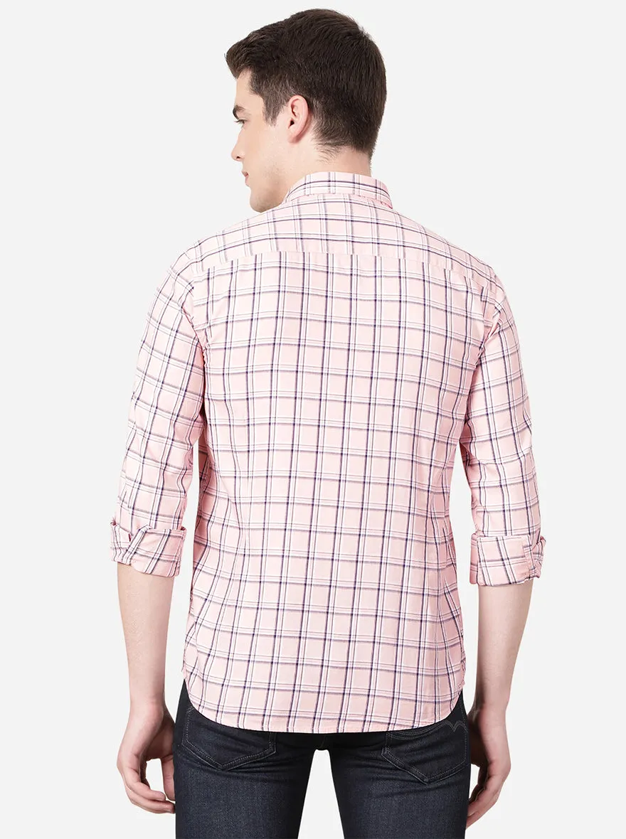 Light Pink Checked Slim Fit Casual Shirt | Greenfibre