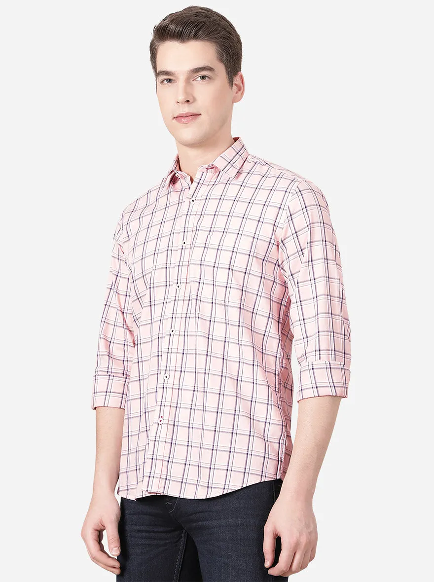 Light Pink Checked Slim Fit Casual Shirt | Greenfibre