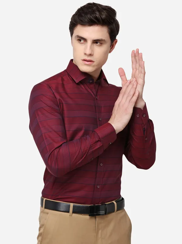 Maroon & Navy Blue Striped Slim Fit Formal Shirt | JadeBlue