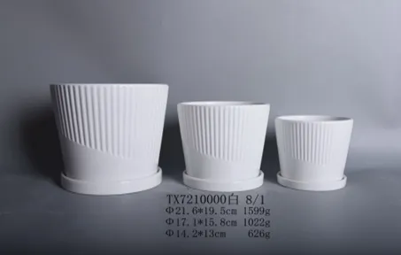 Modern Ceramic Planter Pot Set - White, Grooved Round Shape - Set of 3