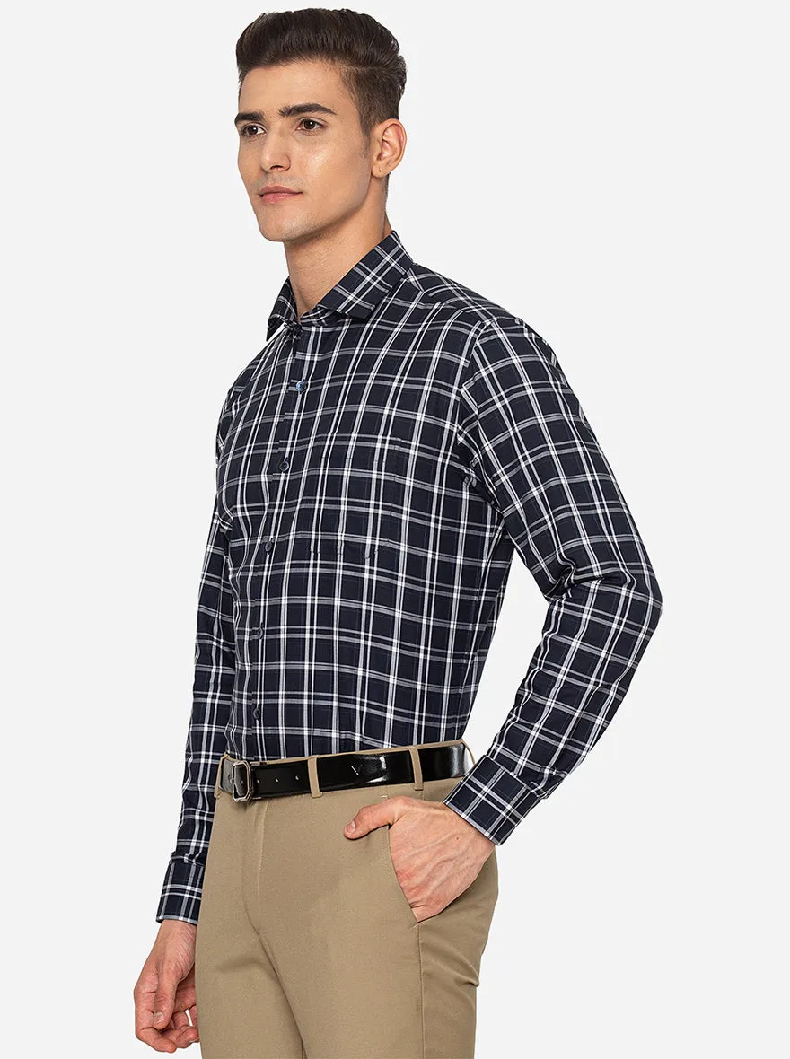 Navy Blue & White Checked Slim Fit Formal Shirt | JadeBlue