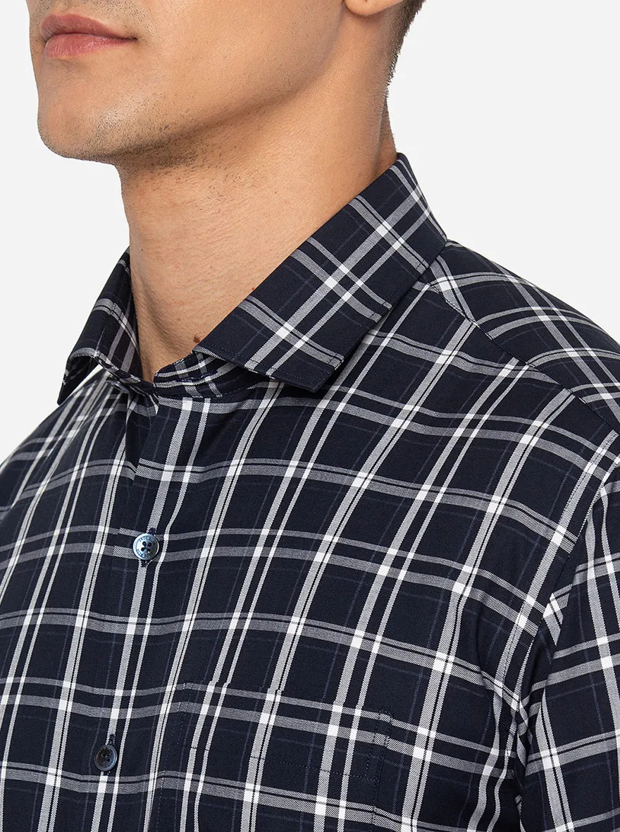 Navy Blue & White Checked Slim Fit Formal Shirt | JadeBlue