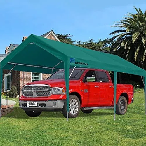 Peaktop Outdoor 10 x 20 ft Upgraded Heavy Duty Carport Car Canopy Portable Garage Tent Boat Shelter with Reinforced Triangular Beams and 4 Weight Bags,Green