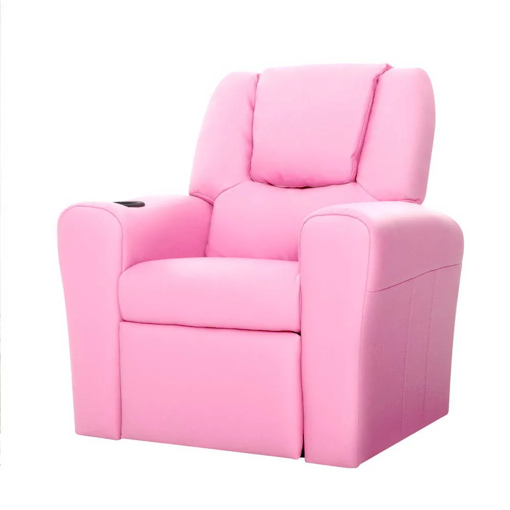 Pink Recliner Chair PU Leather Kids Sofa Built-in Cup Holder Keezi