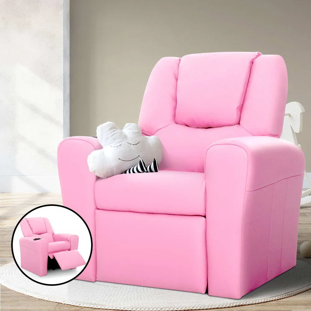 Pink Recliner Chair PU Leather Kids Sofa Built-in Cup Holder Keezi