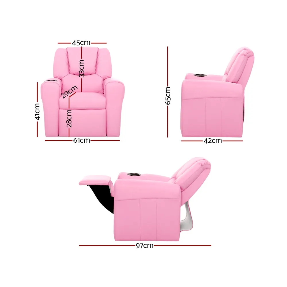 Pink Recliner Chair PU Leather Kids Sofa Built-in Cup Holder Keezi