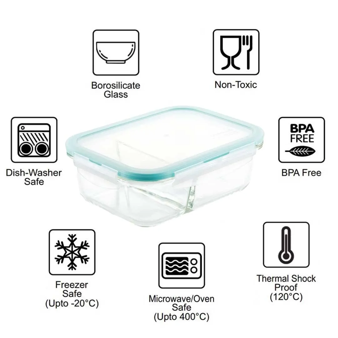 PUREFIT Multipurpose Food Storage Glass Container with divider lunch box,Airtight Glass Leak proof with Air Vent Lid Microwave & freezer Safe,Break-Free Detachable Locks,Lunch box,640ml,Pack of 4