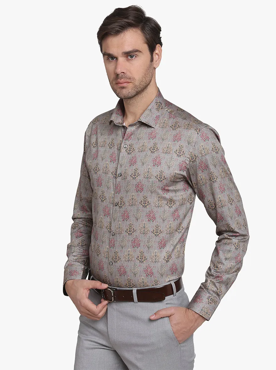 Smoke Grey Printed Slim Fit Party Wear Shirt  | JB Studio