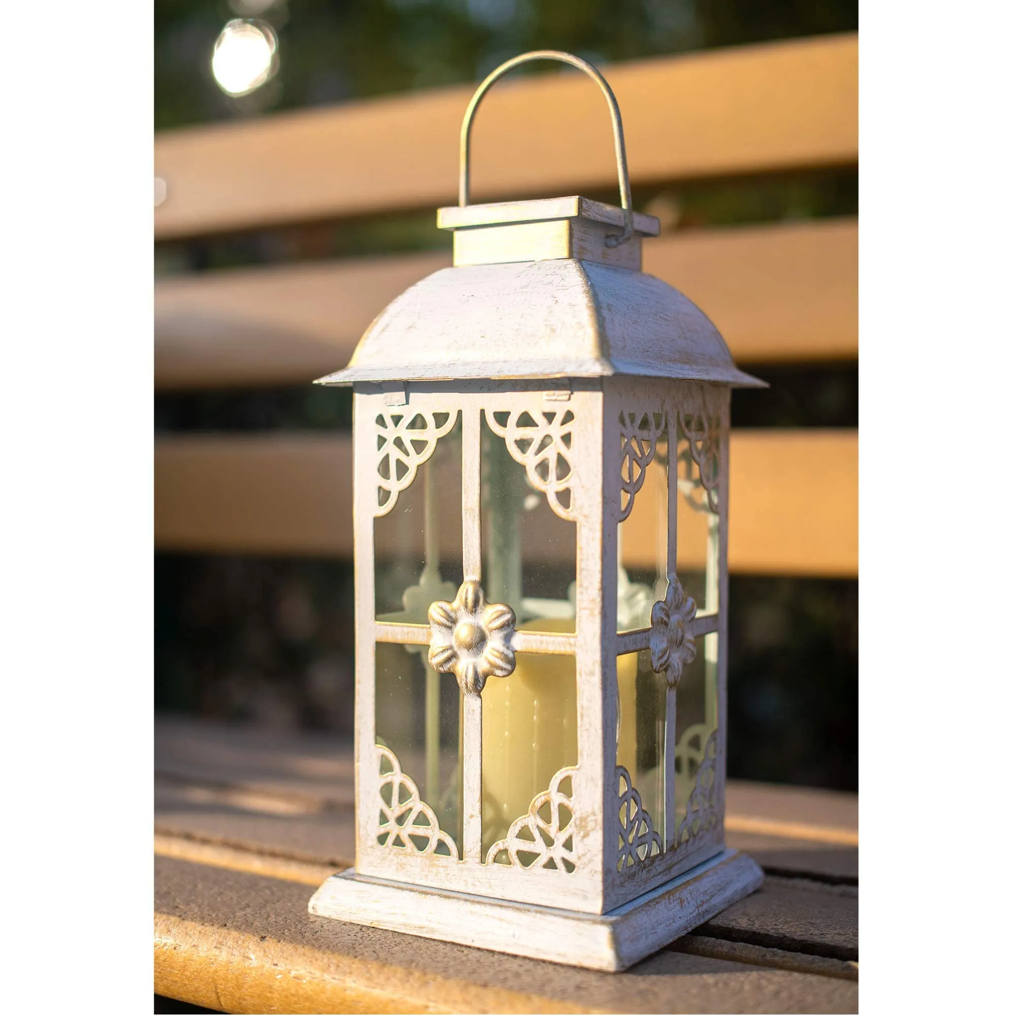 Solar Lantern Outdoor Hyacinth White Decor Antique Metal And Glass Construction Mission