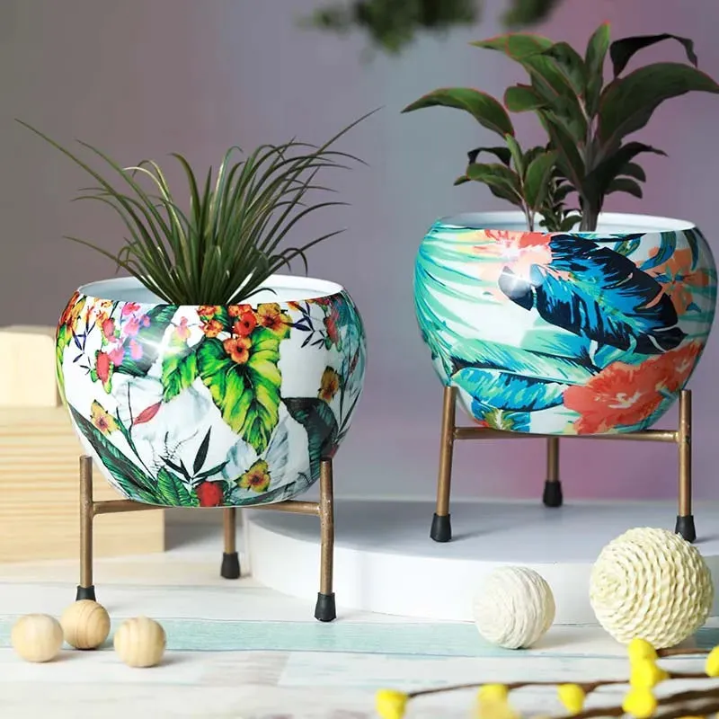 Tropical Multi-Hued Resilient Metal Pots With Stand | Set of 2 | 5 x 6 inches