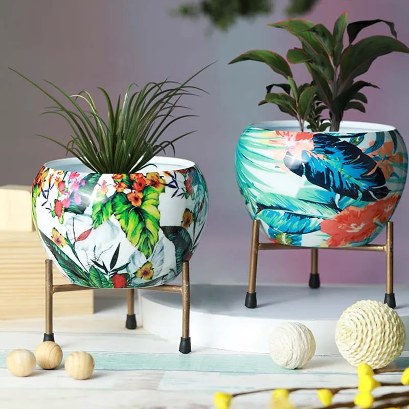 Tropical Multi-Hued Resilient Metal Pots With Stand | Set of 2 | 5 x 6 inches