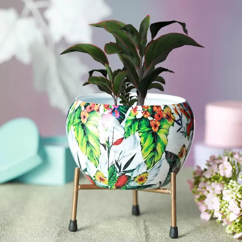 Tropical Multi-Hued Resilient Metal Pots With Stand | Set of 2 | 5 x 6 inches