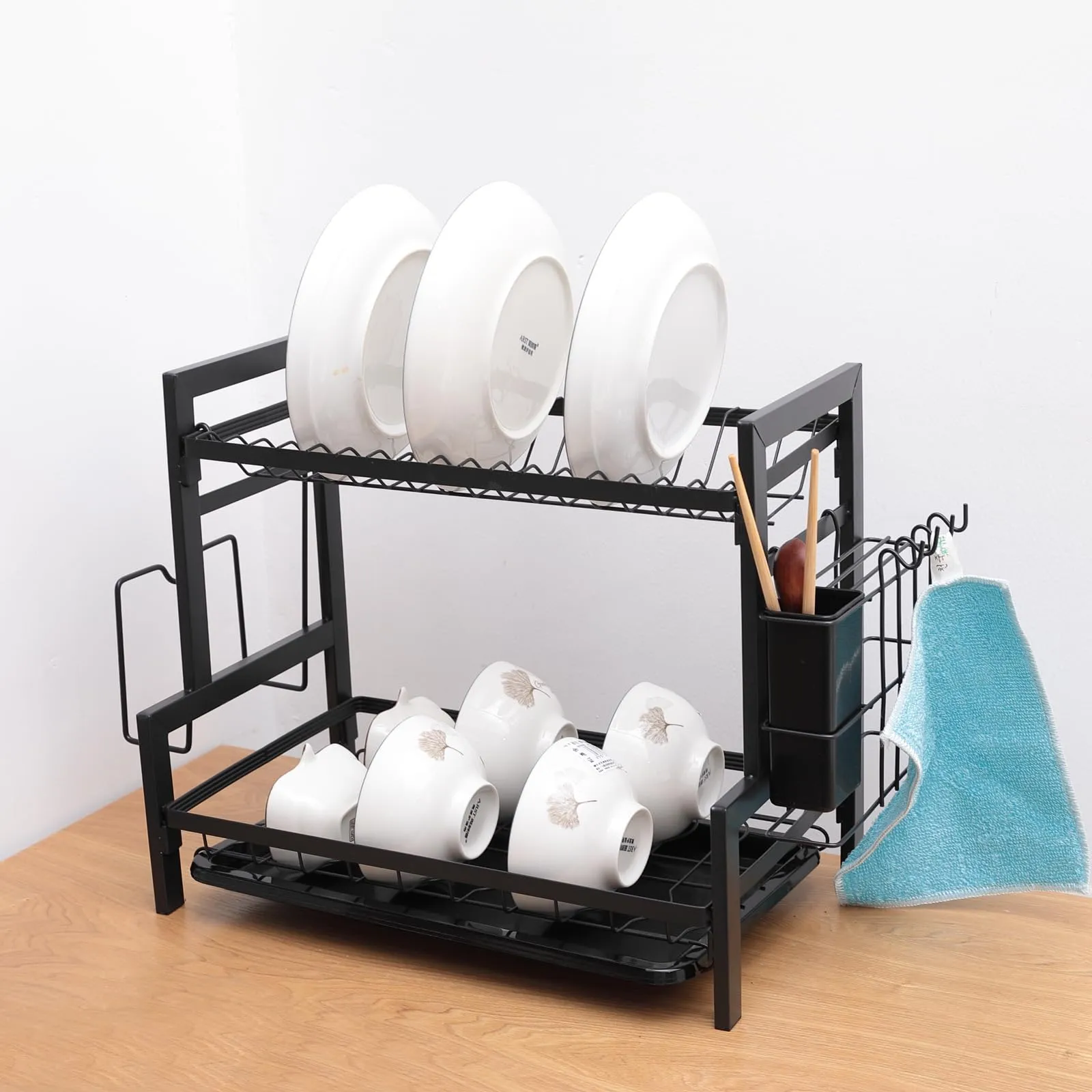 UMAI Free Mounting Dish Rack Double Set | Kitchen Utensil Organizer with Drain Pan | Multi-Purpose Storage | Strong and Durable Stainless Steel Construction | Space Saving Design (Black)