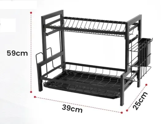 UMAI Free Mounting Dish Rack Double Set | Kitchen Utensil Organizer with Drain Pan | Multi-Purpose Storage | Strong and Durable Stainless Steel Construction | Space Saving Design (Black)