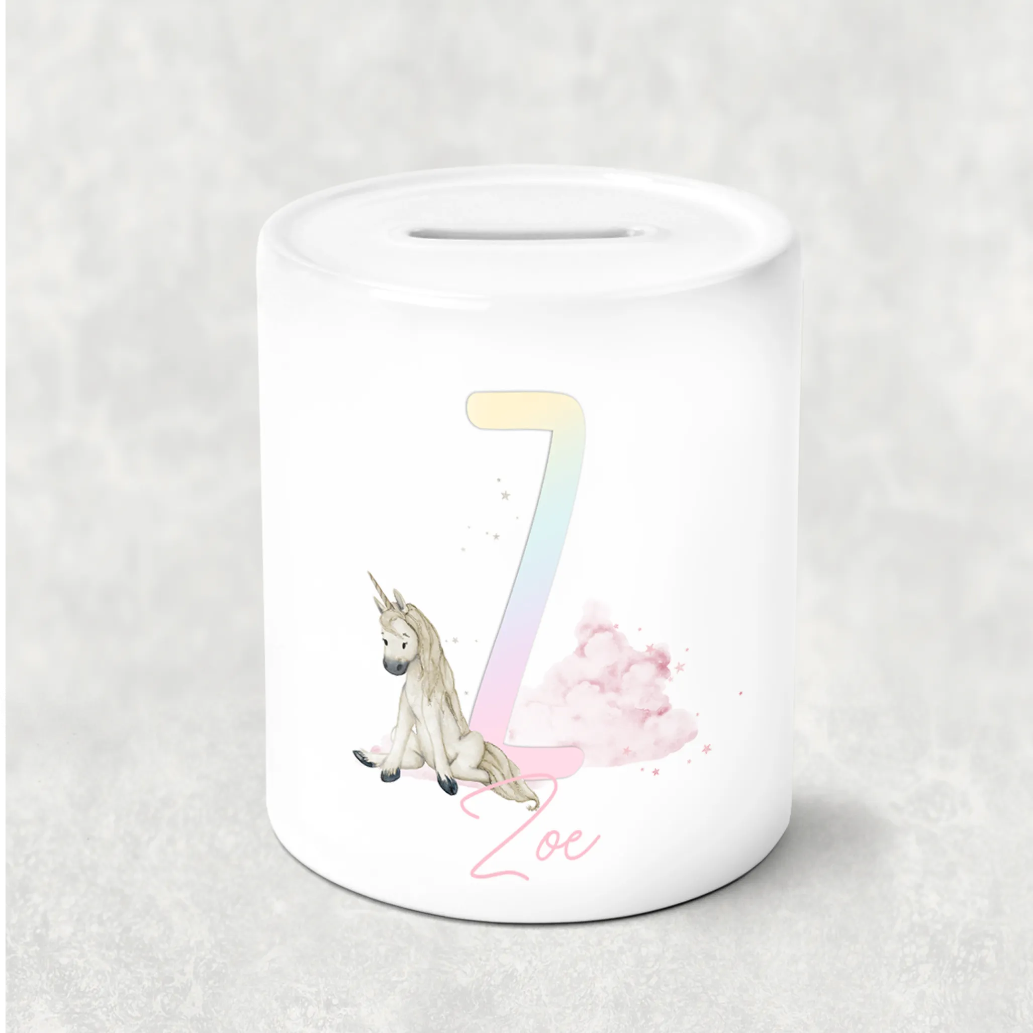 Unicorn Rainbow Alphabet Personalised Money Saving Pot