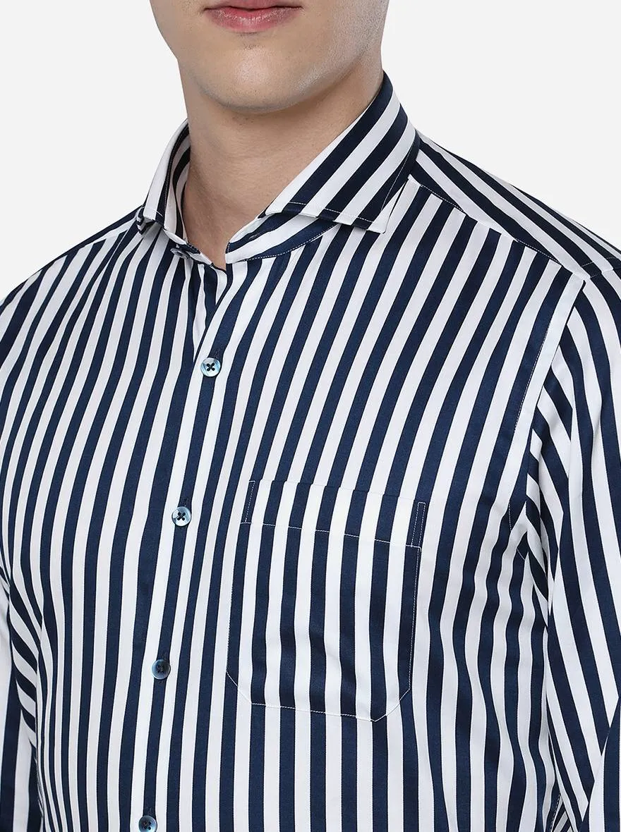 White & Navy Blue Striped Slim Fit Formal Shirt | Metal