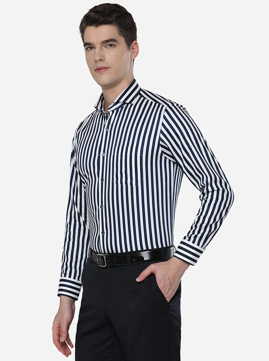 White & Navy Blue Striped Slim Fit Formal Shirt | Metal