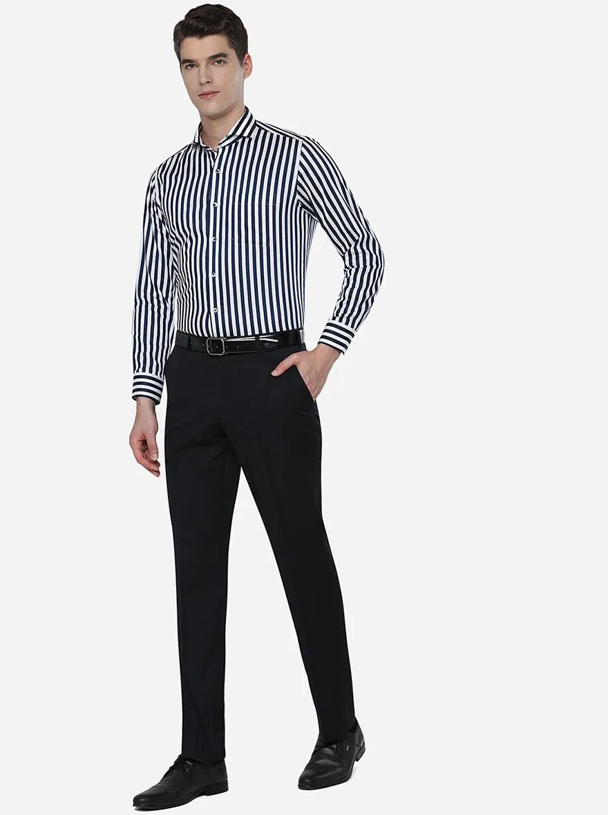 White & Navy Blue Striped Slim Fit Formal Shirt | Metal