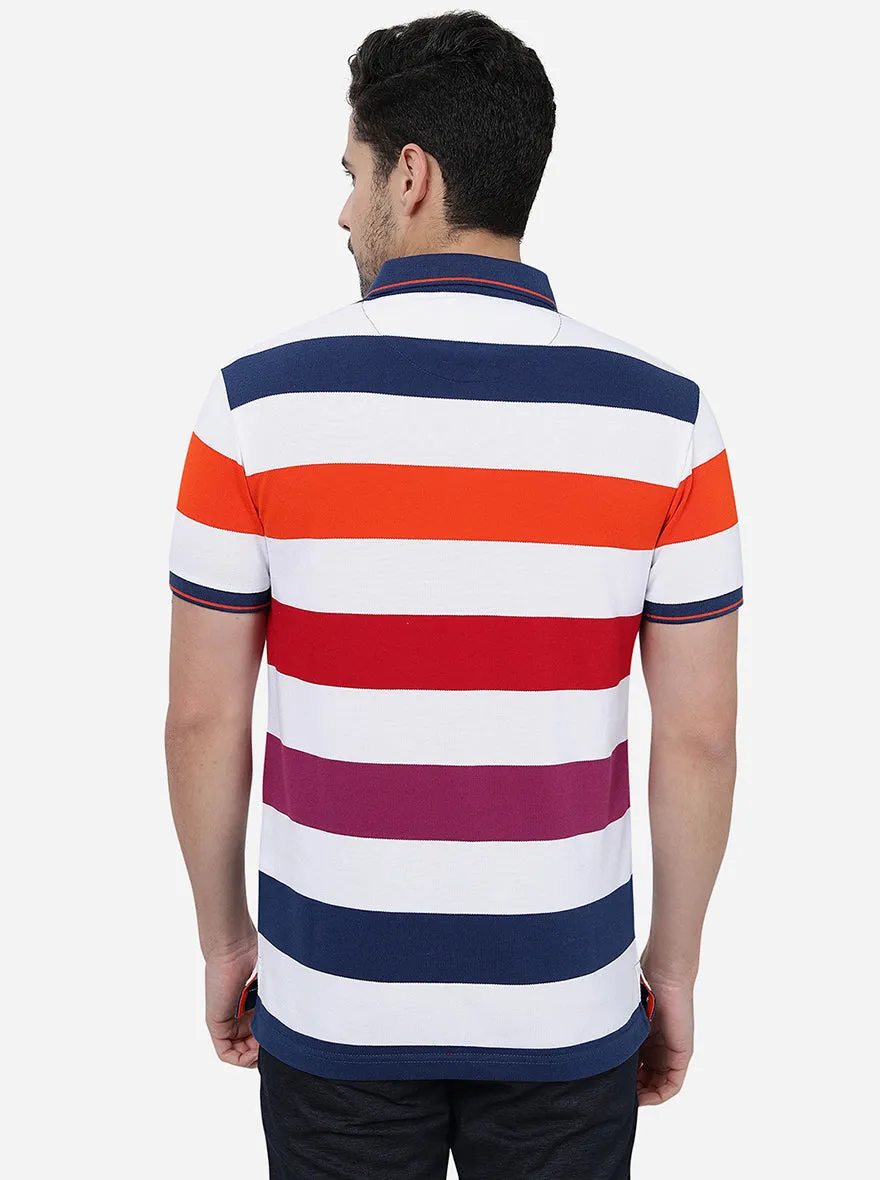 White & Red Striped Slim Fit Polo T-Shirt | JadeBlue